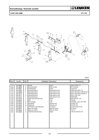 Hydraulikanlage / Hydraulic assembly
X-HY 4SG-1000 675 1109
08.04
Pos. Art.-Nr. Stk. Artikeltext / Description
123
Abmessung
27 375 9850 4 Schelle Clamp LNU4-19/15PP 1/2
28 375 9950 3 Anschweißplatte Weld on plate SP1A 36x30x2
29 375 9961 6 Schellenkörper Clamp 1/2x215 PP
30 475 2630 2 Hydraulikschlauch High-pressure hose 1SN08-2050 DKOL-12L
31 475 2683 1 Hydraulikschlauch High-pressure hose 2SN12-600-DKOL15-90°/DKOL15
32 475 3010 1 Hydraulikschlauch High-pressure hose 2SN12-1200 DKOL15/DKOL15
33 475 3011 3 Hydraulikschlauch High-pressure hose 2SN12-1200 1x45°
34 475 3012 1 Hydraulikschlauch High-pressure hose 2SN08-2800
35 475 4373 1 Halter Hydraulik-Block, geb. Holder 30x8x188 2x5° X-HY
37 475 9970 1 Rohr Tube 15x2x98
38 475 9973 2 Rohr gebogen Tube 15x2x0990 .-Opal X-HY-1000
39 575 2523 4 Zugzylinder Hydraulic ram ZZ 60/30-125
40 575 2524 4 Zugzylinder Hydraulic ram ZZ 63/30-125
41 575 9040 1 HP-System z.hydr.Steinsicher. HP-system Euro/Vari-Opal 7X+8X
42 575 9041 1 Block zum HydriX Block for HydriX 60-150 bar
43 575 9042 2 Blase zum HydriX Block for HydriX 0,75l 1/2
44 375 4020 3 Einschraubverschraubung Nipple x-GE12-LM M18x1,5 Zn
 