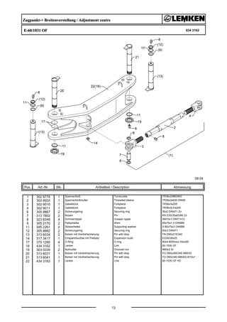 Zugpunkt-+ Breitenverstellung / Adjustment centre
E-60/1031 OF 634 3162
08.04
Pos. Art.-Nr. Stk. Artikeltext / Description
13
Abmessung
1 302 8778 1 Spannschloß Turnbuckle TR36x3/980/800
2 302 8933 1 Spannschloßmutter Threaded sleeve TR36x3x630-SW60
3 302 9010 1 Gabelstück Forkpiece TR36x3x205
4 302 9011 1 Gabelstück Forkpiece TR36x3LHx205
6 305 8867 2 Sicherungsring Securing ring 30x2 DIN471 Zn
7 313 7802 2 Bolzen Pin KN D30/35x63/80 Zn
8 323 6348 4 Schmiernippel Grease nipple AM10x1 DIN71412
9 305 2170 2 Paßscheibe Shim 60x75x1,0 DIN988
11 305 2261 2 Stützscheibe Supporting washer S 60x75x3 DIN988
12 305 8882 2 Sicherungsring Securing ring 60x3 DIN471
13 313 6034 2 Bolzen mit Verdrehsicherung Pin with stop FN D60x315/340
14 317 3417 1 Einspannbuchse mit Preßsitz Expansion bush EG30/38x25
17 375 1295 4 O-Ring O-ring 80x4-80Shore Viton83
18 434 3162 1 Lenker Link 60-1030 OF
19 303 0339 2 Nutmutter Grooved nut M60x2 SI
20 313 6031 1 Bolzen mit Verdrehsicherung Pin with stop FG D60x305/340 M60X2
21 313 6041 1 Bolzen mit Verdrehsicherung Pin with stop FG D60x340-M60X2-M10x1
22 434 3163 1 Lenker Link 60-1035 OF HD
 