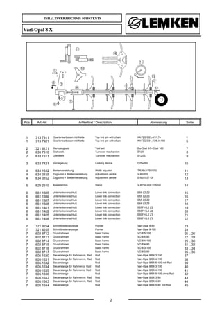 INHALTSVERZEICHNIS / CONTENTS
2
Vari-Opal 8 X
Pos Art.-Nr. Artikeltext / Description Abmessung Seite
1 313 7911 Oberlenkerbolzen mit Kette Top link pin with chain KAT2G D25,4/31,7x 5
1 313 7921 Oberlenkerbolzen mit Kette Top link pin with chain KAT3G D31,7/25,4x158 6
2 321 9121 Werkzeugsatz Tool set EurOpal 8/9+Opal 160 7
2 633 7510 Drehwerk Turnover mechanism E120 8
2 633 7511 Drehwerk Turnover mechanism E120-L 9
3 633 7431 Verriegelung Locking device D25x260 10
4 634 1642 Breitenverstellung Width adjuster TR36x3/750/570 11
4 634 3155 Zugpunkt-+ Breitenverstellung Adjustment centre V-60/650 12
4 634 3162 Zugpunkt-+ Breitenverstellung Adjustment centre E-60/1031 OF 13
5 629 2510 Abstellstütze Stand V-R750-800 915mm 14
6 661 1385 Unterlenkeranschluß Lower link connection E55 L2 Z2 15
6 661 1386 Unterlenkeranschluß Lower link connection E55 L2 Z3 16
6 661 1387 Unterlenkeranschluß Lower link connection E55 L3 Z2 17
6 661 1388 Unterlenkeranschluß Lower link connection E68 L3 Z3 18
6 661 1401 Unterlenkeranschluß Lower link connection E55FH L2 Z2 19
6 661 1402 Unterlenkeranschluß Lower link connection E55FH L3 Z2 20
6 661 1405 Unterlenkeranschluß Lower link connection E55FH L2 Z3 21
6 661 1406 Unterlenkeranschluß Lower link connection E68FH L3 Z3 22
7 321 9254 Schnittbreitenanzeige Pointer Vari-Opal 8-90 23
7 321 9255 Schnittbreitenanzeige Pointer Vari-Opal 8-100 24
7 602 8712 Grundrahmen Basic frame VO 8 5-100 25 .. 26
7 602 8713 Grundrahmen Basic frame VO 8 5-90 27 .. 28
7 602 8714 Grundrahmen Basic frame VO 8 4-100 29 .. 30
7 602 8715 Grundrahmen Basic frame VO 8 4-90 31 .. 32
7 602 8716 Grundrahmen Basic frame VO 8 3-100 33 .. 34
7 602 8717 Grundrahmen Basic frame VO 8 3-90 35 .. 36
7 605 1630 Steuerstange für Rahmen m. Rad Rod Vari-Opal 8/8X-3-100 37
7 605 1631 Steuerstange für Rahmen m. Rad Rod Vari-Opal 8/8X-4-100 38
7 605 1632 Steuerstange Rod Vari-Opal 8/8X-5-100 mit Rad 39
7 605 1634 Steuerstange für Rahmen o. Rad Rod Vari-Opal 8/8X-3-100 40
7 605 1635 Steuerstange für Rahmen o. Rad Rod Vari-Opal 8/8X-4-100 41
7 605 1636 Steuerstange Rod Vari-Opal 8/8X-5-100 ohne Rad 42
7 605 1642 Steuerstange für Rahmen m. Rad Rod Vari-Opal 8/8X-3-90 43
7 605 1643 Steuerstange für Rahmen m. Rad Rod Vari-Opal 8/8X-4-90 44
7 605 1644 Steuerstange Rod Vari-Opal 8/8X-5-90 mit Rad 45
 