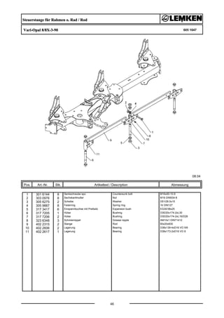 Steuerstange für Rahmen o. Rad / Rod
Vari-Opal 8/8X-3-90 605 1647
08.04
Pos. Art.-Nr. Stk. Artikeltext / Description
46
Abmessung
1 301 6144 8 Senkschraube spz. Countersunk bolt M16x50-10.9
2 303 0976 8 Sechskantmutter Nut M16 DIN934-8
3 305 6275 2 Scheibe Washer D51/28.5x15
4 305 9887 8 Federring Spring ring 16 DIN127
5 317 3417 6 Einspannbuchse mit Preßsitz Expansion bush EG30/38x25
6 317 7205 1 Hülse Bushing D30/20x174-2xL30
7 317 7206 2 Hülse Bushing D30/20x174-2xL16/D28
8 323 6348 3 Schmiernippel Grease nipple AM10x1 DIN71412
9 402 2315 2 Stange Rod 60x20x830
10 402 2606 2 Lagerung Bearing D38x139-4xD16 VO 5/6
11 402 2617 1 Lagerung Bearing D38x173-2xD16 VO 8
 