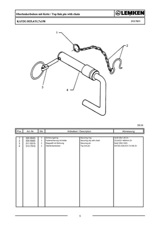 Oberlenkerbolzen mit Kette / Top link pin with chain
KAT2G D25,4/31,7x158 313 7911
08.04
Pos. Art.-Nr. Stk. Artikeltext / Description
5
Abmessung
1 305 8545 1 Sicherungsring Securing ring 3x30-35x1,25 Zn
2 305 8560 1 Federsicherung mit Kette Securing clip with chain D3,6/D21-460mm-Zn
3 311 9315 1 Klappstift mit Bohrung Securing pin 8x42 DIN11023
4 313 7910 1 Oberlenkerbolzen Top link pin KAT2G D25,4/31,7x158 Zn
 