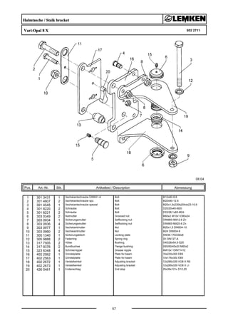 Halmtasche / Stalk bracket
Vari-Opal 8 X 602 2711
08.04
Pos. Art.-Nr. Stk. Artikeltext / Description
57
Abmessung
1 301 3431 1 Sechskantschraube DIN931-A Bolt M12x80-8.8
2 301 4607 2 Sechskantschraube spz. Bolt M20x90-12.9
3 301 4545 1 Sechskantschraube spezial Bolt M20x1,5x230ls204xb23-10.9
4 301 8220 2 Schraube Bolt D25/20x45-M20
5 301 8221 2 Schraube Bolt D33/28,1x83-M24
6 303 0349 2 Nutmutter Grooved nut M60x2 M10x1 D80x24
7 303 0934 1 Sicherungsmutter Selflocking nut DIN985-NM12-8 Zn
8 303 0936 4 Sicherungsmutter Selflocking nut DIN985-NM20-8 Zn
9 303 0977 1 Sechskantmutter Nut M20x1,5 DIN934-10
10 303 0980 2 Sechskantmutter Nut M24 DIN934-8
11 305 1340 1 Sicherungsblech Locking plate SW36-170/230x6
12 305 9888 2 Federring Spring ring 20 DIN127-A
13 317 7505 2 Hülse Bushing D40/28x54,5-D20
14 317 9376 2 Bundbuchse Flange bushing D65/60/45x30 M60x2
15 323 6348 4 Schmiernippel Grease nipple AM10x1 DIN71412
16 402 2562 1 Grindelplatte Plate for beam 16x230x300 E8X
17 402 2563 1 Grindelplatte Plate for beam 10x176x300 E8X
18 402 2672 1 Verstellwinkel Adjusting bracket 12x285x339 VO8 X RE
19 402 2673 1 Verstellwinkel Adjusting bracket 12x285x339 VO8 X LI
20 426 0461 1 Endanschlag End stop 25x39x101x D12,25
 