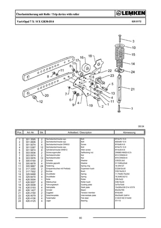 Überlastsicherung mit Rolle / Trip device with roller
Vari-Opal 7 X / 8 X GR30-D14 626 8172
08.04
Pos. Art.-Nr. Stk. Artikeltext / Description
60
Abmessung
1 301 3595 2 Sechskantschraube spz. Bolt M14x70-10.9
2 301 4606 2 Sechskantschraube spz. Bolt M20x80-10.9
3 301 5074 4 Sechskantschraube DIN933 Screw M16x80-8.8
4 301 5387 12 Sechskantschraube spz. Bolt M16x70-10.9
5 301 5874 8 Zylinderschraube DIN912 Allen screw M14x30-8.8
6 303 0936 2 Sicherungsmutter Selflocking nut DIN985-NM20-8 Zn
7 303 0974 2 Sechskantmutter Nut M14 DIN934-8
8 303 0976 12 Sechskantmutter Nut M16 DIN934-8
9 305 6164 2 Scheibe Washer D35/20,5x5
10 305 6678 4 Scheibe gepreßt Washer D115/80x20x6
11 305 9887 24 Federring Spring ring 16 DIN127
12 317 3350 2 Einspannbuchse mit Preßsitz Expansion bush EG28/32x30
13 317 7502 2 Buchse Bush D35/16x30,5
14 329 8468 4 Druckfeder Spring 11,75x69,75x202
15 329 8470 4 Druckfeder Spring 16,5x98,5x212
16 426 0004 1 Rolle Roller D58,5x22
17 426 0007 4 Wälzbuchse Roller bush D36/16x30
18 426 0008 2 Führungsblech Guiding plate 3x70x70x9
19 426 0193 4 Halmplatte Stalk plate 10x285x339 D14 VO7X
20 426 1427 2 Grindel Beam 80x30x765
21 426 2160 2 Zugglied Tension member M16x383
22 426 4079 2 Zwischenplatte Intermediate plate 80x30x60 2xM14
23 426 4106 4 Federhalter Flat steel X140/X160 D14x50
24 426 4125 4 Lager Bearing 57/110
 