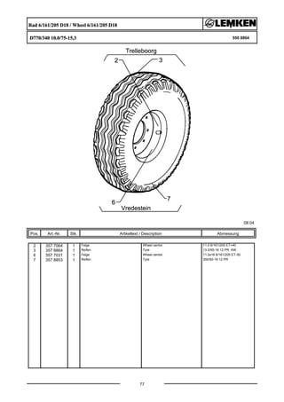Rad 6/161/205 D18 / Wheel 6/161/205 D18
D770/340 10.0/75-15,3 550 8864
08.04
Pos. Art.-Nr. Stk. Artikeltext / Description
77
Abmessung
2 357 7064 1 Felge Wheel centre 11.0 6/161/205 ET+40
3 357 8864 1 Reifen Tyre 13.0/55-16 12 PR AW
6 357 7031 1 Felge Wheel centre 11.0x16 6/161/205 ET-50
7 357 8853 1 Reifen Tyre 350/50-16 12 PR
 