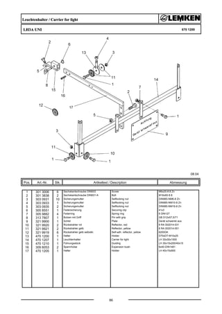 Leuchtenhalter / Carrier for light
LH3A UNI 670 1200
08.04
Pos. Art.-Nr. Stk. Artikeltext / Description
86
Abmessung
1 301 3006 6 Sechskantschraube DIN933 Screw M6x25-8.8 Zn
2 301 3838 2 Sechskantschraube DIN931-A Bolt M16x60-8.8
3 303 0931 10 Sicherungsmutter Selflocking nut DIN985-NM6-8 Zn
4 303 0933 1 Sicherungsmutter Selflocking nut DIN985-NM10-8 Zn
5 303 0935 2 Sicherungsmutter Selflocking nut DIN985-NM16-8 Zn
6 305 8551 1 Federsicherung Securing clip 41x3
7 305 9882 4 Federring Spring ring 6 DIN127
8 313 7807 1 Bolzen mit Griff Pin with grip GB D12x57,5/71
9 321 9900 1 Schild Plate Gerät schwenkt aus
10 321 9920 2 Rückstrahler rot Reflector, red 8 RA 002014-031
11 321 9921 2 Rückstrahler gelb Reflector, yellow 8 RA 002014-051
12 321 9919 6 Rückstrahler gelb selbstkl. Self-adh. reflector, yellow 6200GK
13 470 1200 1 Halter Holder D70xD7-M10x25
14 470 1207 1 Leuchtenhalter Carrier for light LH 30x30x1500
15 470 1210 1 Führungsstück Guiding LH 30x15x200/40x15
16 309 6053 2 Spannhülse Expansion bush 6x40-DIN1481
17 470 1205 1 Halter Holder LH 40x15x900
 