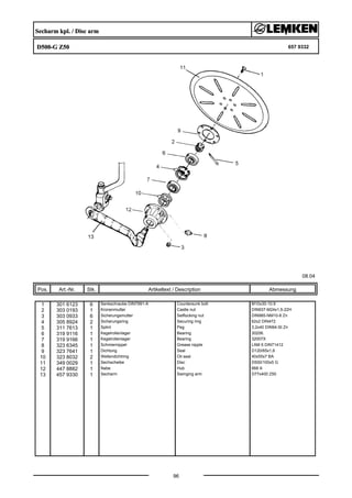 Secharm kpl. / Disc arm
D500-G Z50 657 9332
08.04
Pos. Art.-Nr. Stk. Artikeltext / Description
96
Abmessung
1 301 6123 6 Senkschraube DIN7991-A Countersunk bolt M10x30-10.9
2 303 0193 1 Kronenmutter Castle nut DIN937-M24x1,5-22H
3 303 0933 6 Sicherungsmutter Selflocking nut DIN985-NM10-8 Zn
4 305 8924 2 Sicherungsring Securing ring 62x2 DIN472
5 311 7613 1 Splint Peg 3,2x40 DIN94-St Zn
6 319 9116 1 Kegelrollenlager Bearing 30206.
7 319 9166 1 Kegelrollenlager Bearing 32007X
8 323 6345 1 Schmiernippel Grease nipple LAM 6 DIN71412
9 323 7641 1 Dichtung Seal D120/65x1,6
10 323 8032 2 Wellendichtring Oil seal 40x55x7 BA
11 349 0029 1 Sechscheibe Disc D500/100x5 G
12 447 8882 1 Nabe Hub 668 A
13 457 9330 1 Secharm Swinging arm D77x400 Z50
 