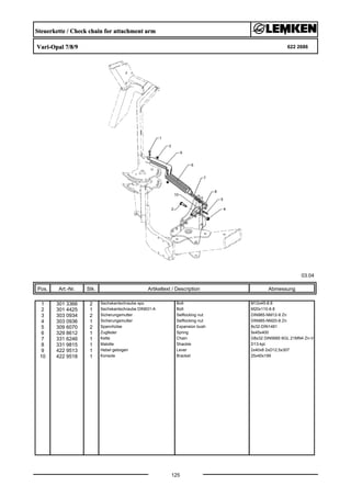 Steuerkette / Check chain for attachment arm
Vari-Opal 7/8/9 622 2686
03.04
Pos. Art.-Nr. Stk. Artikeltext / Description
125
Abmessung
1 301 3366 2 Sechskantschraube spz. Bolt M12x45-8.8
2 301 4425 1 Sechskantschraube DIN931-A Bolt M20x110-8.8
3 303 0934 2 Sicherungsmutter Selflocking nut DIN985-NM12-8 Zn
4 303 0936 1 Sicherungsmutter Selflocking nut DIN985-NM20-8 Zn
5 309 6070 2 Spannhülse Expansion bush 8x32-DIN1481
6 329 8612 1 Zugfeder Spring 9x45x400
7 331 6246 1 Kette Chain G8x32 DIN5685 6GL 21MN4 Zn-V
8 331 9815 1 Malotte Shackle D13-kpl.
9 422 9513 1 Hebel gebogen Lever 2x40x8 2xD12,5x307
10 422 9518 1 Konsole Bracket 25x40x199
 