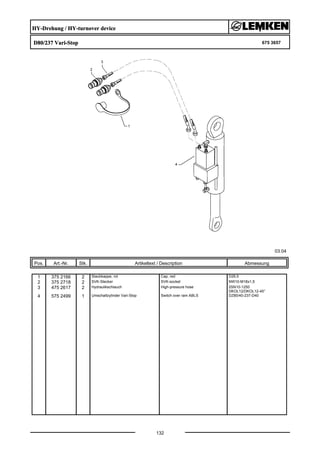 HY-Drehung / HY-turnover device
D80/237 Vari-Stop 675 3657
03.04
Pos. Art.-Nr. Stk. Artikeltext / Description
132
Abmessung
1 375 2166 2 Staubkappe, rot Cap, red D26,5
2 375 2718 2 SVK-Stecker SVK-socket NW10-M18x1,5
3 475 2617 2 Hydraulikschlauch High-pressure hose 2SN10-1250
DKOL12/DKOL12-45°
4 575 2499 1 Umschaltzylinder Vari-Stop Switch over ram ABLS DZ80/40-237-D40
 