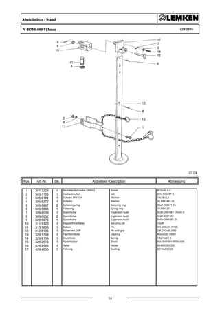 Abstellstütze / Stand
V-R750-800 915mm 629 2510
03.04
Pos. Art.-Nr. Stk. Artikeltext / Description
14
Abmessung
1 301 3224 1 Sechskantschraube DIN933 Screw M10x30-8.8
2 303 1100 1 Vierkantmutter Nut M10 DIN557-5
3 305 6135 1 Scheibe DIN 134 Washer 13x28x2,5
4 305 6272 1 Scheibe Washer 26 DIN1441-St
5 305 8867 2 Sicherungsring Securing ring 30x2 DIN471 Zn
6 305 9884 1 Federring Spring ring 10 DIN127
7 309 6038 1 Spannhülse Expansion bush 5x30-DIN1481 Chrom 8
8 309 6052 2 Spannhülse Expansion bush 6x32-DIN1481
9 309 6072 1 Spannhülse Expansion bush 8x40-DIN1481 Zn
10 311 9320 1 Klappstift mit Kette Securing pin 10x80
11 313 7803 1 Bolzen Pin NN D30x81,7/100
12 313 8136 1 Bolzen mit Griff Pin with grip GB D12x48,5/80
13 329 1798 1 Flachformfeder U-spring 40x4x335 SW41
14 329 8106 1 Druckfeder Spring 1,6x16x51,5
15 429 2510 1 Abstellstütze Stand 60x12x915 V-R750-800
16 429 4585 1 Halter Holder 60/90 D30/D25
17 429 4600 1 Führung Guiding 62/14x80 D25
 