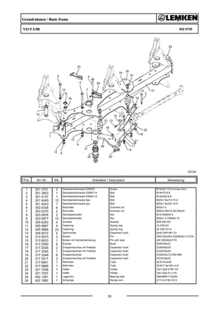 Grundrahmen / Basic frame
VO 9 3-90 602 8729
03.04
Pos. Art.-Nr. Stk. Artikeltext / Description
35
Abmessung
1 301 3701 2 Sechskantschraube DIN933 Screw M16x35-12.9 A=max.3mm
2 301 3903 1 Sechskantschraube DIN931-A Bolt M16x75-8.8
3 301 4137 1 Sechskantschraube DIN931-A Bolt M16x220-8.8
4 301 4549 12 Sechskantschraube Spz. Bolt M20x1,5x210-10.9
5 301 4543 1 Sechskantschraube spz. Bolt M20x1,5x220-10.9
6 303 0338 6 Nutmutter Grooved nut M30x1,5
7 303 0375 2 Nutmutter Grooved nut M95x2-KM19 42CrMo4V
8 303 0976 2 Sechskantmutter Nut M16 DIN934-8
9 303 0977 12 Sechskantmutter Nut M20x1,5 DIN934-10
10 305 6283 4 Scheibe Washer B28 DIN125
11 305 9887 4 Federring Spring ring 16 DIN127
12 305 9888 23 Federring Spring ring 20 DIN127-A
13 309 6072 5 Spannhülse Expansion bush 8x40-DIN1481 Zn
14 313 5570 3 Bolzen Pin D50/160x244 D35/M30x1,5 VO9
15 313 8053 1 Bolzen mit Verdrehsicherung Pin with stop UB D25/62x57/70
16 317 2000 6 Buchse Bush D45/D35x21
17 317 2035 2 Einspannbuchse mit Preßsitz Expansion bush EG60/65x35
18 317 3345 1 Einspannbuchse mit Preßsitz Expansion bush EG25/29x25
19 317 3348 6 Einspannbuchse Expansion bush EG28/32x12-DIN1498
20 317 3417 2 Einspannbuchse mit Preßsitz Expansion bush EG30/38x25
21 317 6801 1 Röhrchen Tube 26,9/16,9x26
22 317 6866 1 Röhrchen Tube 26,9/17,9x163+-0,5
23 321 7206 1 Halter Holder Vari-Opal 9 RE t=5
24 321 7207 1 Halter Holder Vari-Opal 9 LI t=5
25 402 1281 1 Lagerrohr Bearing tube D60/M95/113x240
26 402 1662 1 Schwinge Rocker arm D113,5x158 VO 9
 