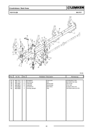 Grundrahmen / Basic frame
VO 9 5-120 602 8737
03.04
Pos. Art.-Nr. Stk. Artikeltext / Description
40
Abmessung
27 402 1711 2 Kreuzgelenk Cross union VO9 80x30x217 D30
28 402 1772 2 Steuerstange Rod 60x15x550 VO9-1000
29 402 2941 6 Lagerplatte Bearing plate D35 VO-8/9
30 402 2972 2 Lagerplatte Bearing plate VO-9-1200
31 402 8294 1 Grundrahmen Basic frame EurOpal 9 160-5-120
32 402 8302 1 Anschlag, gebogen Stop 30x15x200 2xM16-40 VO9
 