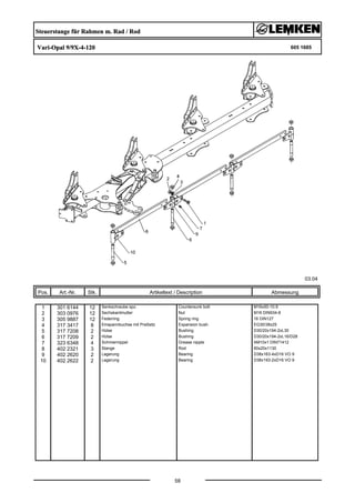 Steuerstange für Rahmen m. Rad / Rod
Vari-Opal 9/9X-4-120 605 1685
03.04
Pos. Art.-Nr. Stk. Artikeltext / Description
58
Abmessung
1 301 6144 12 Senkschraube spz. Countersunk bolt M16x50-10.9
2 303 0976 12 Sechskantmutter Nut M16 DIN934-8
3 305 9887 12 Federring Spring ring 16 DIN127
4 317 3417 8 Einspannbuchse mit Preßsitz Expansion bush EG30/38x25
5 317 7208 2 Hülse Bushing D30/20x194-2xL30
6 317 7209 2 Hülse Bushing D30/20x194-2xL16/D28
7 323 6348 4 Schmiernippel Grease nipple AM10x1 DIN71412
8 402 2321 3 Stange Rod 60x20x1130
9 402 2620 2 Lagerung Bearing D38x163-4xD16 VO 9
10 402 2622 2 Lagerung Bearing D38x193-2xD16 VO 9
 
