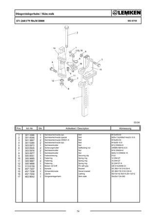Düngereinlegerhalm / Skim stalk
EV-260/179 50x30 H800 663 8755
03.04
Pos. Art.-Nr. Stk. Artikeltext / Description
74
Abmessung
1 301 3366 1 Sechskantschraube spz. Bolt M12x45-8.8
2 301 4546 1 Sechskantschraube spezial Bolt M20x1,5x240ls214xb23-10.9
3 301 3867 2 Sechskantschraube DIN931-A Bolt M16x65-8.8
4 301 5385 2 Sechskantschraube spz. Bolt M16x55-10.9
5 303 0972 1 Sechskantmutter Nut M12 DIN934-8
6 303 0935 2 Sicherungsmutter Selflocking nut DIN985-NM16-8 Zn
7 303 0976 2 Sechskantmutter Nut M16 DIN934-8
8 303 0977 1 Sechskantmutter Nut M20x1,5 DIN934-10
9 305 8551 1 Federsicherung Securing clip 41x3
10 305 9885 1 Federring Spring ring 12 DIN127
11 305 9887 2 Federring Spring ring 16 DIN127
12 305 9888 1 Federring Spring ring 20 DIN127-A
13 313 8159 1 Bolzen mit Griff Pin with grip GB D14x55/69 Zn
14 457 7207 1 Konsole Bracket DE 260/179 D16 E8+9
15 457 7208 1 Schwenkkonsole Swivel bracket DE 260/178 D16,5 E8+9
16 457 7204 1 Lasche Lashing 50x10x142 9xD14,25+1xD12
17 463 8642 1 Düngereinlegerhalm Skim stalk 50x30x1124-260
 