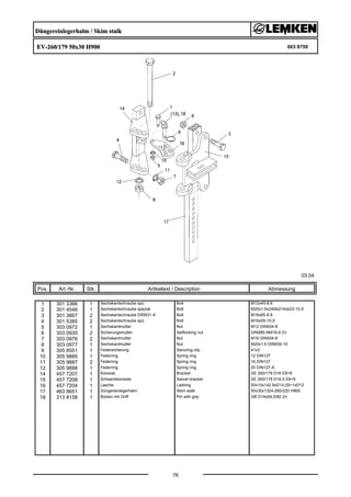 Düngereinlegerhalm / Skim stalk
EV-260/179 50x30 H900 663 8759
03.04
Pos. Art.-Nr. Stk. Artikeltext / Description
76
Abmessung
1 301 3366 1 Sechskantschraube spz. Bolt M12x45-8.8
2 301 4546 1 Sechskantschraube spezial Bolt M20x1,5x240ls214xb23-10.9
3 301 3867 2 Sechskantschraube DIN931-A Bolt M16x65-8.8
4 301 5385 2 Sechskantschraube spz. Bolt M16x55-10.9
5 303 0972 1 Sechskantmutter Nut M12 DIN934-8
6 303 0935 2 Sicherungsmutter Selflocking nut DIN985-NM16-8 Zn
7 303 0976 2 Sechskantmutter Nut M16 DIN934-8
8 303 0977 1 Sechskantmutter Nut M20x1,5 DIN934-10
9 305 8551 1 Federsicherung Securing clip 41x3
10 305 9885 1 Federring Spring ring 12 DIN127
11 305 9887 2 Federring Spring ring 16 DIN127
12 305 9888 1 Federring Spring ring 20 DIN127-A
14 457 7207 1 Konsole Bracket DE 260/179 D16 E8+9
15 457 7208 1 Schwenkkonsole Swivel bracket DE 260/178 D16,5 E8+9
16 457 7204 1 Lasche Lashing 50x10x142 9xD14,25+1xD12
17 463 8651 1 Düngereinlegerhalm Skim stalk 50x30x1324-260/220 H900
18 313 8158 1 Bolzen mit Griff Pin with grip GB D14x54,5/82 Zn
 