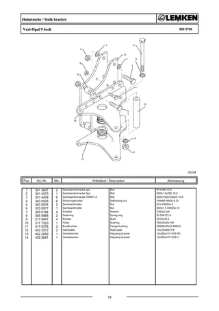 Halmtasche / Stalk bracket
Vari-Opal 9 Sech 602 2706
03.04
Pos. Art.-Nr. Stk. Artikeltext / Description
79
Abmessung
1 301 3607 2 Sechskantschraube spz. Bolt M14x85-10.9
2 301 4573 1 Sechskantschraube Spz. Bolt M20x1,5x250-10.9
3 301 4408 6 Sechskantschraube DIN931-A Bolt M20x100ls70xb25-10.9
4 303 0936 6 Sicherungsmutter Selflocking nut DIN985-NM20-8 Zn
5 303 0974 2 Sechskantmutter Nut M14 DIN934-8
6 303 0977 1 Sechskantmutter Nut M20x1,5 DIN934-10
7 305 6164 4 Scheibe Washer D35/20,5x5
8 305 9888 2 Federring Spring ring 20 DIN127-A
9 317 6947 4 Buchse Bush 40/20x35,5
10 317 7523 1 Hülse Bushing D60/36/20x194
11 317 9376 2 Bundbuchse Flange bushing D65/60/45x30 M60x2
12 402 2572 2 Halmplatte Stalk plate 12x235x600 E9
13 402 2680 1 Verstellwinkel Adjusting bracket 12x292x410 VO9 RE
14 402 2681 1 Verstellwinkel Adjusting bracket 12x292x410 VO9 LI
 