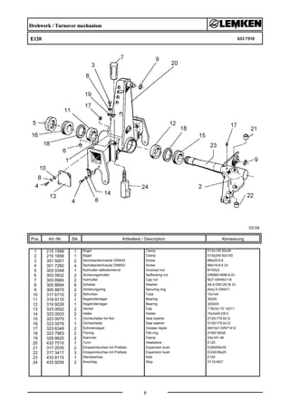 Drehwerk / Turnover mechanism
E120 633 7510
03.04
Pos. Art.-Nr. Stk. Artikeltext / Description
8
Abmessung
1 215 1588 1 Bügel Clamp D10x135 50x45
2 215 1656 1 Bügel Clamp D10x249 50x100
3 301 5001 2 Sechskantschraube DIN933 Screw M8x25-8.8
4 301 7260 4 Sechskantschraube DIN933 Screw M8x16-8.8 Zn
5 303 0348 1 Nutmutter selbstsichernd Grooved nut M100x2
6 303 0932 2 Sicherungsmutter Selflocking nut DIN985-NM8-8 Zn
7 303 8960 2 Hutmutter Cap nut M27-SW46x118
8 305 8694 6 Scheibe Washer A8,4 DIN125-St Zn
9 305 8875 2 Sicherungsring Securing ring 40x2,5 DIN471
10 317 6710 2 Röhrchen Tube 10x1x4
11 319 9110 1 Kegelrollenlager Bearing 30220.
12 319 9226 1 Kegelrollenlager Bearing 32024X
13 323 0002 2 Deckel Cap 115x3x115 1xD11
14 323 0003 2 Halter Holder 15x3x40-D8,5
15 323 0075 1 Dichtscheibe mit Nut Seal washer D120/179,5x12
16 323 0076 1 Dichtscheibe Seal washer D100/179,5x12
17 323 6348 2 Schmiernippel Grease nipple AM10x1 DIN71412
18 323 7983 2 Filzring Felt ring D180/160x6
19 329 8620 2 Klammer Clamp D4x181-46
20 433 7510 1 Turm Headstock E120
21 317 2035 2 Einspannbuchse mit Preßsitz Expansion bush EG60/65x35
22 317 3417 3 Einspannbuchse mit Preßsitz Expansion bush EG30/38x25
23 433 8115 1 Wendeachse Axle E120
24 433 9206 2 Anschlag Stop D110-M27
 