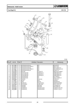 Halmtasche / Stalk bracket
Vari-Opal 9-I 602 2726
03.04
Pos. Art.-Nr. Stk. Artikeltext / Description
80
Abmessung
1 301 3992 2 Sechskantschraube spz. Bolt M16x100-8.8
2 301 4425 4 Sechskantschraube DIN931-A Bolt M20x110-8.8
3 301 4573 2 Sechskantschraube Spz. Bolt M20x1,5x250-10.9
4 301 4661 2 Sechskantschraube DIN931-A Bolt M24x100ls70xb25-10.9
5 301 5385 4 Sechskantschraube spz. Bolt M16x55-10.9
6 303 0349 2 Nutmutter Grooved nut M60x2 M10x1 D80x24
7 303 0935 4 Sicherungsmutter Selflocking nut DIN985-NM16-8 Zn
8 303 0936 4 Sicherungsmutter Selflocking nut DIN985-NM20-8 Zn
9 303 0937 2 Sicherungsmutter Selflocking nut DIN985-NM24-8 Zn
10 303 0976 2 Sechskantmutter Nut M16 DIN934-8
11 303 0977 2 Sechskantmutter Nut M20x1,5 DIN934-10
12 305 9888 4 Federring Spring ring 20 DIN127-A
13 317 6941 4 Buchse Bush 40/20x40,7
14 317 7523 1 Hülse Bushing D60/36/20x194
15 317 9376 2 Bundbuchse Flange bushing D65/60/45x30 M60x2
16 323 6348 2 Schmiernippel Grease nipple AM10x1 DIN71412
17 402 2571 1 Halmplatte Stalk plate 12x235x600 E9-I
18 402 2573 1 Halmplatte Stalk plate 20x410x600 E9-I
19 402 2684 1 Verstellwinkel Adjusting bracket 14x295x410 VO9-I RE
20 402 2685 1 Verstellwinkel Adjusting bracket 14x295x410 VO9-I LI
 