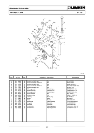 Halmtasche / Stalk bracket
Vari-Opal 9-I Sech 602 2727
03.04
Pos. Art.-Nr. Stk. Artikeltext / Description
81
Abmessung
1 301 3992 2 Sechskantschraube spz. Bolt M16x100-8.8
2 301 4425 4 Sechskantschraube DIN931-A Bolt M20x110-8.8
3 301 4573 2 Sechskantschraube Spz. Bolt M20x1,5x250-10.9
4 301 4661 2 Sechskantschraube DIN931-A Bolt M24x100ls70xb25-10.9
5 301 5385 4 Sechskantschraube spz. Bolt M16x55-10.9
6 303 0935 4 Sicherungsmutter Selflocking nut DIN985-NM16-8 Zn
7 303 0936 4 Sicherungsmutter Selflocking nut DIN985-NM20-8 Zn
8 303 0937 2 Sicherungsmutter Selflocking nut DIN985-NM24-8 Zn
9 303 0976 2 Sechskantmutter Nut M16 DIN934-8
10 303 0977 2 Sechskantmutter Nut M20x1,5 DIN934-10
11 305 9888 4 Federring Spring ring 20 DIN127-A
12 317 6941 4 Buchse Bush 40/20x40,7
13 317 7523 1 Hülse Bushing D60/36/20x194
14 317 9376 2 Bundbuchse Flange bushing D65/60/45x30 M60x2
15 402 2571 1 Halmplatte Stalk plate 12x235x600 E9-I
16 402 2573 1 Halmplatte Stalk plate 20x410x600 E9-I
17 402 2684 1 Verstellwinkel Adjusting bracket 14x295x410 VO9-I RE
18 402 2685 1 Verstellwinkel Adjusting bracket 14x295x410 VO9-I LI
 