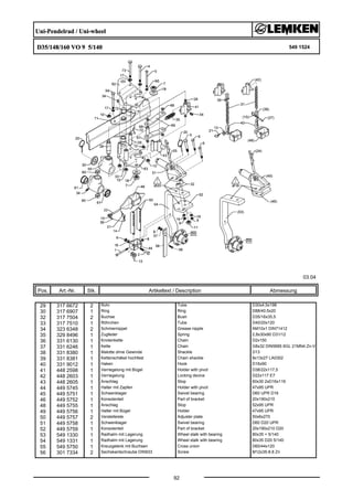 Uni-Pendelrad / Uni-wheel
D35/148/160 VO 9 5/140 549 1524
03.04
Pos. Art.-Nr. Stk. Artikeltext / Description
92
Abmessung
29 317 6672 2 Rohr Tube D30x4,5x198
30 317 6907 1 Ring Ring D88/40,5x20
32 317 7504 2 Buchse Bush D35/16x35,5
33 317 7510 1 Röhrchen Tube D40/20x120
34 323 6348 2 Schmiernippel Grease nipple AM10x1 DIN71412
35 329 8496 1 Zugfeder Spring 2,8x30x90 D31/12
36 331 6130 1 Knotenkette Chain D2x150
37 331 6246 1 Kette Chain G8x32 DIN5685 6GL 21MN4 Zn-V
38 331 8380 1 Malotte ohne Gewinde Shackle D13
39 331 8381 1 Kettenschäkel hochfest Chain shackle 8x13x27 LA0302
40 331 9012 1 Haken Hook D16x90
41 448 2598 1 Verriegelung mit Bügel Holder with pivot D38/22x117,5
42 448 2603 1 Verriegelung Locking device D22x117 E7
43 448 2605 1 Anschlag Stop 60x30 2xD16x119
44 449 5745 1 Halter mit Zapfen Holder with pivot 47x95 UPR
45 449 5751 1 Schwenklager Swivel bearing D60 UPR D16
46 449 5752 1 Konsolenteil Part of bracket 20x190x210
48 449 5755 1 Anschlag Stop 52x95 UPR
49 449 5756 1 Halter mit Bügel Holder 47x95 UPR
50 449 5757 2 Verstelleiste Adjuster plate 50x6x270
51 449 5758 1 Schwenklager Swivel bearing D60 D20 UPR
52 449 5759 1 Konsolenteil Part of bracket 20x190x210 D20
53 549 1330 1 Radhalm mit Lagerung Wheel stalk with bearing 80x35 + 5/140
54 549 1331 1 Radhalm mit Lagerung Wheel stalk with bearing 80x35 D20 5/140
55 549 5750 1 Kreuzgelenk mit Buchsen Cross union D60/44x120
56 301 7334 2 Sechskantschraube DIN933 Screw M12x35-8.8 Zn
 