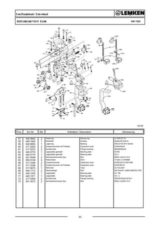 Uni-Pendelrad / Uni-wheel
D35/148/160 VO 9 5/140 549 1524
03.04
Pos. Art.-Nr. Stk. Artikeltext / Description
93
Abmessung
57 305 9902 2 Federring Spring ring 12 DIN127 Zn
58 449 1642 1 Abstreifer Scraper 40x8x330 3xD12
59 549 8893 1 Lagerung Bearing 5/93,5/140 M14 50x50
60 317 2005 2 Einspannbuchse mit Preßsitz Expansion bush EG40/44x20
61 317 9373 2 Bundbuchse Flange bushing D80/66/60x45
62 449 5774 1 Lagerplatte gekröpft Bearing plate V9 RE
63 449 5775 1 Lagerplatte gekröpft Bearing plate V9 LI
64 301 4549 2 Sechskantschraube Spz. Bolt M20x1,5x210-10.9
65 305 6148 4 Paßscheibe Shim 17x24x1,0 DIN988
66 317 3348 2 Einspannbuchse Expansion bush EG28/32x12-DIN1498
67 317 3338 2 Einspannbuchse mit Preßsitz Expansion bush EG20/26x16
68 317 6673 1 Röhrchen Tube 33,7x4,5x87
69 449 1712 2 Steuerstange Rod 50x15x445 1x389-D26/D32 VO9
70 449 1970 1 Lagerplatte Bearing plate VO RE
71 449 1971 1 Lagerplatte Bearing plate VO LI
72 317 9309 2 Bundbuchse Flange bushing D50/45/35x25 M10x1
73 301 4573 2 Sechskantschraube Spz. Bolt M20x1,5x250-10.9
 