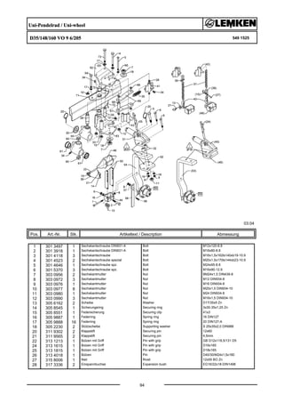 Uni-Pendelrad / Uni-wheel
D35/148/160 VO 9 6/205 549 1525
03.04
Pos. Art.-Nr. Stk. Artikeltext / Description
94
Abmessung
1 301 3497 1 Sechskantschraube DIN931-A Bolt M12x120-8.8
2 301 3918 1 Sechskantschraube DIN931-A Bolt M16x80-8.8
3 301 4118 3 Sechskantschraube Bolt M16x1,5x162ls140xb19-10.9
4 301 4523 2 Sechskantschraube spezial Bolt M20x1,5x170ls144xb23-10.9
5 301 4646 1 Sechskantschraube spz. Bolt M24x95-8.8
6 301 5370 3 Sechskantschraube spz. Bolt M16x90-12.9
7 303 0956 2 Sechskantmutter Nut BM24x1,5 DIN439-8
8 303 0972 3 Sechskantmutter Nut M12 DIN934-8
9 303 0976 1 Sechskantmutter Nut M16 DIN934-8
10 303 0977 8 Sechskantmutter Nut M20x1,5 DIN934-10
11 303 0980 1 Sechskantmutter Nut M24 DIN934-8
12 303 0990 3 Sechskantmutter Nut M16x1,5 DIN934-10
13 305 6162 2 Scheibe Washer D17/35x5 Zn
14 305 8545 1 Sicherungsring Securing ring 3x30-35x1,25 Zn
15 305 8551 1 Federsicherung Securing clip 41x3
16 305 9887 1 Federring Spring ring 16 DIN127
17 305 9888 16 Federring Spring ring 20 DIN127-A
18 305 2230 2 Stützscheibe Supporting washer S 25x35x2,0 DIN988
20 311 9302 2 Klappstift Securing pin 12x60
21 311 9565 2 Klappstift Securing pin 4,5mm
22 313 1213 1 Bolzen mit Griff Pin with grip GB D12x118,5/131 D5
24 313 1615 1 Bolzen mit Griff Pin with grip D16x165
25 313 1815 1 Bolzen mit Griff Pin with grip D18x165
26 313 4018 1 Bolzen Pin D40/30/M24x1,5x180
27 315 8006 1 Niet Rivet 12x55 BO Zn
28 317 3336 2 Einspannbuchse Expansion bush EG16/22x18-DIN1498
 