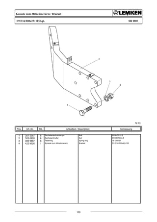 Konsole zum Mitnehmerarm / Bracket
E9 D16/200x25+115 kpl. 622 2668
12.03
Pos. Art.-Nr. Stk. Artikeltext / Description
100
Abmessung
1 301 5387 6 Sechskantschraube spz. Bolt M16x70-10.9
2 303 0976 6 Sechskantmutter Nut M16 DIN934-8
3 305 9887 6 Federring Spring ring 16 DIN127
4 422 9526 1 Konsole zum Mitnehmerarm Bracket E9 D16/200x40+120
 