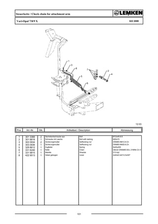 Steuerkette / Check chain for attachment arm
Vari-Opal 7/8/9 X 622 2688
12.03
Pos. Art.-Nr. Stk. Artikeltext / Description
101
Abmessung
1 301 3366 2 Sechskantschraube spz. Bolt M12x45-8.8
2 301 8818 1 Schraube mit Lasche Bolt with lashing M20x70
3 303 0934 2 Sicherungsmutter Selflocking nut DIN985-NM12-8 Zn
4 303 0936 1 Sicherungsmutter Selflocking nut DIN985-NM20-8 Zn
5 329 8612 1 Zugfeder Spring 9x45x400
6 331 6246 1 Kette Chain G8x32 DIN5685 6GL 21MN4 Zn-V
7 331 9815 1 Malotte Shackle D13-kpl.
8 422 9513 1 Hebel gebogen Lever 2x40x8 2xD12,5x307
 