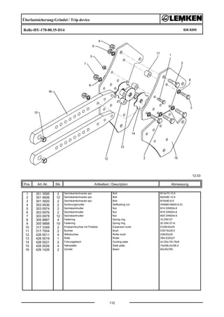Überlastsicherung-Grindel / Trip device
Rolle-HY-170-80.35-D14 626 8205
12.03
Pos. Art.-Nr. Stk. Artikeltext / Description
110
Abmessung
1 301 3595 2 Sechskantschraube spz. Bolt M14x70-10.9
2 301 4606 12 Sechskantschraube spz. Bolt M20x80-10.9
3 301 3920 2 Sechskantschraube spz. Bolt M16x80-8.8
4 303 0936 2 Sicherungsmutter Selflocking nut DIN985-NM20-8 Zn
5 303 0974 2 Sechskantmutter Nut M14 DIN934-8
6 303 0976 2 Sechskantmutter Nut M16 DIN934-8
7 303 0978 12 Sechskantmutter Nut M20 DIN934-8
8 305 9887 4 Federring Spring ring 16 DIN127
9 305 9888 10 Federring Spring ring 20 DIN127-A
10 317 3349 2 Einspannbuchse mit Preßsitz Expansion bush EG28/32x35
11 317 7504 2 Buchse Bush D35/16x35,5
12 426 0011 4 Wälzbuchse Roller bush D36/20x35
13 426 0019 1 Rolle Roller D94,5/25x27
14 426 0021 2 Führungsblech Guiding plate 3x120x130,76x9
15 426 0026 4 Halmplatte Stalk plate 10x406,4x336,5
16 426 1426 2 Grindel Beam 80x35x765
 