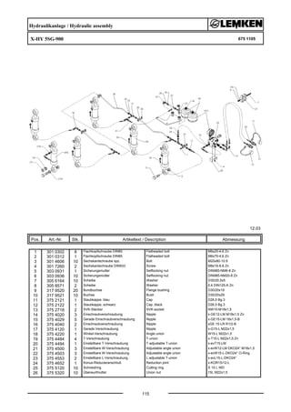 Hydraulikanlage / Hydraulic assembly
X-HY 5SG-900 675 1105
12.03
Pos. Art.-Nr. Stk. Artikeltext / Description
115
Abmessung
1 301 0302 8 Flachkopfschraube DIN85 Flatheaded bolt M6x25-4,6 Zn
2 301 0312 1 Flachkopfschraube DIN85 Flatheaded bolt M6x75-4,6 Zn
3 301 4606 10 Sechskantschraube spz. Bolt M20x80-10.9
4 301 7260 2 Sechskantschraube DIN933 Screw M8x16-8.8 Zn
5 303 0931 1 Sicherungsmutter Selflocking nut DIN985-NM6-8 Zn
6 303 0936 10 Sicherungsmutter Selflocking nut DIN985-NM20-8 Zn
7 305 6164 10 Scheibe Washer D35/20,5x5
8 305 8571 2 Scheibe Washer 6,4 DIN125-A Zn
9 317 9520 20 Bundbuchse Flange bushing D30/20x19
10 317 9521 10 Buchse Bush D30/20x29
11 375 2121 1 Staubkappe, blau Cap D26,5 Bg.3
12 375 2122 1 Staubkappe, schwarz Cap, black D26,5 Bg.3
13 375 2718 2 SVK-Stecker SVK-socket NW10-M18x1,5
14 375 4020 3 Einschraubverschraubung Nipple x-GE12-LM M18x1,5 Zn
15 375 4029 5 Gerade Einschraubverschraubung Nipple x-GE15-LM 18x1,5-B
16 375 4040 2 Einschraubverschraubung Nipple xGE 15-LR R1/2-B
17 375 4120 1 Gerade Verschraubung Nipple x-G15-L M22x1,5
18 375 4220 1 Winkel-Verschraubung Angle union W15-L M22x1,5
19 375 4484 4 T-Verschraubung T-union x-T15-L M22x1,5 Zn
20 375 4494 1 Einstellbare T-Verschraubung T-adjustable T-union x-evT15-LM
21 375 4500 3 Einstellbare W-Verschraubung Adjustable angle union x-evW12-LM DKO24° M18x1,5
22 375 4503 3 Einstellbare W-Verschraubung Adjustable angle union x-evW15-L-DKO24° O-Ring
23 375 4553 2 Einstellbare L-Verschraubung L-adjustable T-union x-evL15-L-DKO24°
24 375 4652 1 Konus-Reduzieranschluß Reduction joint x-KOR15/12-L
25 375 5120 10 Schneidring Cutting ring S 15 L WD
26 375 5320 10 Überwurfmutter Union nut 15L M22x1,5
 