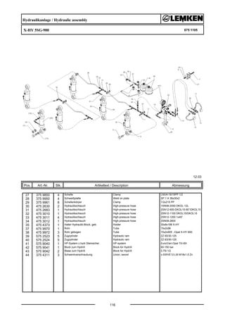 Hydraulikanlage / Hydraulic assembly
X-HY 5SG-900 675 1105
12.03
Pos. Art.-Nr. Stk. Artikeltext / Description
116
Abmessung
27 375 9850 4 Schelle Clamp LNU4-19/15PP 1/2
28 375 9950 4 Schweißplatte Weld on plate SP 1 A 36x30x2
29 375 9961 8 Schellenkörper Clamp 1/2x215 PP
30 475 2630 2 Hydraulikschlauch High-pressure hose 1SN08-2050 DKOL-12L
31 475 2683 1 Hydraulikschlauch High-pressure hose 2SN12-600-DKOL15-90°/DKOL15
32 475 3010 1 Hydraulikschlauch High-pressure hose 2SN12-1100 DKOL15/DKOL15
33 475 3011 4 Hydraulikschlauch High-pressure hose 2SN12-1200 1x45°
34 475 3012 1 Hydraulikschlauch High-pressure hose 2SN08-2800
35 475 4373 1 Halter Hydraulik-Block, geb. Holder 30x8x188 X-HY
37 475 9970 1 Rohr Tube 15x2x98
38 475 9972 3 Rohr gebogen Tube 15x2x905 .-Opal X-HY-900
39 575 2523 5 Zugzylinder Hydraulic ram ZZ 60/30-125
40 575 2524 5 Zugzylinder Hydraulic ram ZZ 63/30-125
41 575 9040 1 HP-System z.hydr.Steinsicher. HP-system Euro/Vari-Opal 7X+8X
42 575 9041 1 Block zum HydriX Block for HydriX 60-150 bar
43 575 9042 2 Blase zum HydriX Block for HydriX 0,75l 1/2
44 375 4311 3 Schwenkverschraubung Union, swivel x-SWVE12-LM M18x1,5 Zn
 
