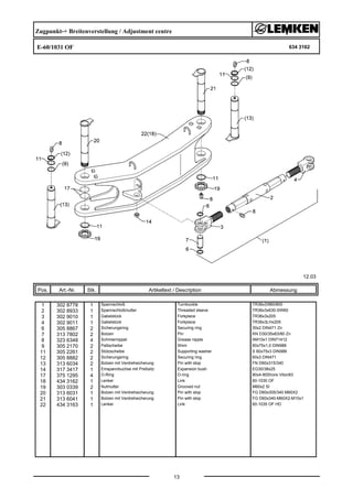 Zugpunkt-+ Breitenverstellung / Adjustment centre
E-60/1031 OF 634 3162
12.03
Pos. Art.-Nr. Stk. Artikeltext / Description
13
Abmessung
1 302 8778 1 Spannschloß Turnbuckle TR36x3/980/800
2 302 8933 1 Spannschloßmutter Threaded sleeve TR36x3x630-SW60
3 302 9010 1 Gabelstück Forkpiece TR36x3x205
4 302 9011 1 Gabelstück Forkpiece TR36x3LHx205
6 305 8867 2 Sicherungsring Securing ring 30x2 DIN471 Zn
7 313 7802 2 Bolzen Pin KN D30/35x63/80 Zn
8 323 6348 4 Schmiernippel Grease nipple AM10x1 DIN71412
9 305 2170 2 Paßscheibe Shim 60x75x1,0 DIN988
11 305 2261 2 Stützscheibe Supporting washer S 60x75x3 DIN988
12 305 8882 2 Sicherungsring Securing ring 60x3 DIN471
13 313 6034 2 Bolzen mit Verdrehsicherung Pin with stop FN D60x315/340
14 317 3417 1 Einspannbuchse mit Preßsitz Expansion bush EG30/38x25
17 375 1295 4 O-Ring O-ring 80x4-80Shore Viton83
18 434 3162 1 Lenker Link 60-1030 OF
19 303 0339 2 Nutmutter Grooved nut M60x2 SI
20 313 6031 1 Bolzen mit Verdrehsicherung Pin with stop FG D60x305/340 M60X2
21 313 6041 1 Bolzen mit Verdrehsicherung Pin with stop FG D60x340-M60X2-M10x1
22 434 3163 1 Lenker Link 60-1035 OF HD
 