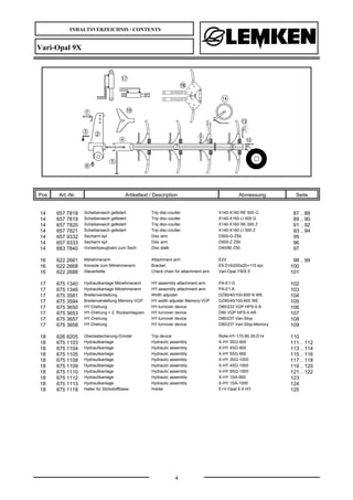 INHALTSVERZEICHNIS / CONTENTS
4
Vari-Opal 9X
Pos Art.-Nr. Artikeltext / Description Abmessung Seite
14 657 7818 Scheibensech gefedert Trip disc-coulter X140-X160 RE 500 G 87 .. 88
14 657 7819 Scheibensech gefedert Trip disc-coulter X140-X160 LI 500 G 89 .. 90
14 657 7820 Scheibensech gefedert Trip disc-coulter X140-X160 RE 500 Z 91 .. 92
14 657 7821 Scheibensech gefedert Trip disc-coulter X140-X160 LI 500 Z 93 .. 94
14 657 9332 Secharm kpl. Disc arm D500-G Z50 95
14 657 9333 Secharm kpl. Disc arm D500-Z Z50 96
14 663 7840 Vorwerkzeughalm zum Sech Disc stalk D40/80 Z50 97
16 622 2661 Mitnehmerarm Attachment arm E2V 98 .. 99
16 622 2668 Konsole zum Mitnehmerarm Bracket E9 D16/200x25+115 kpl. 100
16 622 2688 Steuerkette Check chain for attachment arm Vari-Opal 7/8/9 X 101
17 675 1340 Hydraulikanlage Mitnehmerarm HY-assembly attachment arm PA-E1-D 102
17 675 1346 Hydraulikanlage Mitnehmerarm HY-assembly attachment arm PA-E1-K 103
17 675 3581 Breitenverstellung Width adjuster DZ90/40/100-600 N WE 104
17 675 3594 Breitenverstellung Memory-VÜP HY-width adjuster Memory-VÜP DZ90/40/100-600 WE 105
17 675 3650 HY-Drehung HY-turnover device D80/233 VÜP HPS-II-A 106
17 675 3653 HY-Drehung + 2. Rückschlagven. HY-turnover device D90 VÜP HPS-II-AR 107
17 675 3657 HY-Drehung HY-turnover device D80/237 Vari-Stop 108
17 675 3658 HY-Drehung HY-turnover device D80/237 Vari-Stop-Memory 109
18 626 8205 Überlastsicherung-Grindel Trip device Rolle-HY-170-80.35-D14 110
18 675 1103 Hydraulikanlage Hydraulic assembly X-HY 3SG-900 111 .. 112
18 675 1104 Hydraulikanlage Hydraulic assembly X-HY 4SG-900 113 .. 114
18 675 1105 Hydraulikanlage Hydraulic assembly X-HY 5SG-900 115 .. 116
18 675 1108 Hydraulikanlage Hydraulic assembly X-HY 3SG-1000 117 .. 118
18 675 1109 Hydraulikanlage Hydraulic assembly X-HY 4SG-1000 119 .. 120
18 675 1110 Hydraulikanlage Hydraulic assembly X-HY 5SG-1000 121 .. 122
18 675 1112 Hydraulikanlage Hydraulic assembly X-HY 1SA-900 123
18 675 1113 Hydraulikanlage Hydraulic assembly X-HY 1SA-1000 124
18 675 1118 Halter für Stickstoffblase Holder E+V-Opal 9 X-HY 125
 