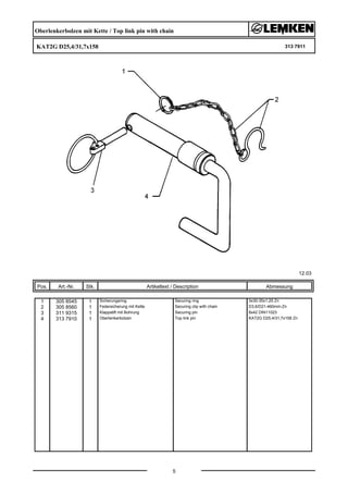 Oberlenkerbolzen mit Kette / Top link pin with chain
KAT2G D25,4/31,7x158 313 7911
12.03
Pos. Art.-Nr. Stk. Artikeltext / Description
5
Abmessung
1 305 8545 1 Sicherungsring Securing ring 3x30-35x1,25 Zn
2 305 8560 1 Federsicherung mit Kette Securing clip with chain D3,6/D21-460mm-Zn
3 311 9315 1 Klappstift mit Bohrung Securing pin 8x42 DIN11023
4 313 7910 1 Oberlenkerbolzen Top link pin KAT2G D25,4/31,7x158 Zn
 