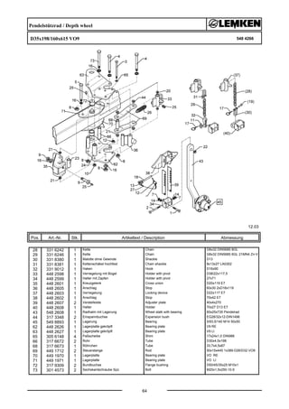 Pendelstützrad / Depth wheel
D35x198/160x615 VO9 548 4266
12.03
Pos. Art.-Nr. Stk. Artikeltext / Description
64
Abmessung
28 331 6242 1 Kette Chain G8x32 DIN5685 8GL
29 331 6246 1 Kette Chain G8x32 DIN5685 6GL 21MN4 Zn-V
30 331 8380 1 Malotte ohne Gewinde Shackle D13
31 331 8381 1 Kettenschäkel hochfest Chain shackle 8x13x27 LA0302
32 331 9012 1 Haken Hook D16x90
33 448 2598 1 Verriegelung mit Bügel Holder with pivot D38/22x117,5
34 448 2599 1 Halter mit Zapfen Holder with pivot 27x71
35 448 2601 1 Kreuzgelenk Cross union D20x119 E7
36 448 2605 1 Anschlag Stop 60x30 2xD16x119
37 448 2603 1 Verriegelung Locking device D22x117 E7
38 448 2602 1 Anschlag Stop 70x42 E7
39 448 2607 2 Verstelleiste Adjuster plate 40x4x270
40 448 2608 1 Halter Holder 70x27 D13 E7
43 548 2608 1 Radhalm mit Lagerung Wheel stalk with bearing 60x25x735 Pendelrad
44 317 3348 2 Einspannbuchse Expansion bush EG28/32x12-DIN1498
45 549 8893 1 Lagerung Bearing 5/93,5/140 M14 50x50
62 448 2626 1 Lagerplatte gekröpft Bearing plate V9 RE
63 448 2627 1 Lagerplatte gekröpft Bearing plate V9 LI
65 305 6148 4 Paßscheibe Shim 17x24x1,0 DIN988
66 317 6672 2 Rohr Tube D30x4,5x198
68 317 6673 1 Röhrchen Tube 33,7x4,5x87
69 449 1712 2 Steuerstange Rod 50x15x445 1x389-D26/D32 VO9
70 449 1970 1 Lagerplatte Bearing plate VO RE
71 449 1971 1 Lagerplatte Bearing plate VO LI
72 317 9309 2 Bundbuchse Flange bushing D50/45/35x25 M10x1
73 301 4573 2 Sechskantschraube Spz. Bolt M20x1,5x250-10.9
 
