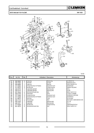 Uni-Pendelrad / Uni-wheel
D35/148/160 VO 9 6/205 549 1525
12.03
Pos. Art.-Nr. Stk. Artikeltext / Description
70
Abmessung
57 305 9902 2 Federring Spring ring 12 DIN127 Zn
58 449 1642 1 Abstreifer Scraper 40x8x330 3xD12
59 549 8894 1 Lagerung Bearing V60-6/160/205 D18
60 317 2005 2 Einspannbuchse mit Preßsitz Expansion bush EG40/44x20
61 317 9373 2 Bundbuchse Flange bushing D80/66,1/60,25x45
62 449 5775 1 Lagerplatte gekröpft Bearing plate V9 LI
63 449 5774 1 Lagerplatte gekröpft Bearing plate V9 RE
64 301 4549 2 Sechskantschraube Spz. Bolt M20x1,5x210-10.9
65 305 6148 3 Paßscheibe Shim 17x24x1,0 DIN988
66 317 3348 2 Einspannbuchse Expansion bush EG28/32x12-DIN1498
67 317 3338 2 Einspannbuchse mit Preßsitz Expansion bush EG20/26x16
68 317 6673 1 Röhrchen Tube 33,7x4,5x87
69 449 1712 2 Steuerstange Rod 50x15x445 1x389-D26/D32 VO9
70 449 1970 1 Lagerplatte Bearing plate VO RE
71 449 1971 1 Lagerplatte Bearing plate VO LI
72 317 9309 2 Bundbuchse Flange bushing D50/45/35x25 M10x1
73 301 4573 2 Sechskantschraube Spz. Bolt M20x1,5x250-10.9
 