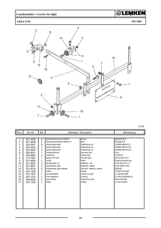 Leuchtenhalter / Carrier for light
LH3A UNI 670 1200
12.03
Pos. Art.-Nr. Stk. Artikeltext / Description
85
Abmessung
1 301 3006 6 Sechskantschraube DIN933 Screw M6x25-8.8 Zn
2 301 3838 2 Sechskantschraube DIN931-A Bolt M16x60-8.8
3 303 0931 8 Sicherungsmutter Selflocking nut DIN985-NM6-8 Zn
4 303 0933 1 Sicherungsmutter Selflocking nut DIN985-NM10-8 Zn
5 303 0935 2 Sicherungsmutter Selflocking nut DIN985-NM16-8 Zn
6 305 8551 1 Federsicherung Securing clip 41x3
7 305 9882 4 Federring Spring ring 6 DIN127
8 313 7807 1 Bolzen mit Griff Pin with grip GB D12x57,5/71
9 321 9900 1 Schild Plate Gerät schwenkt aus
10 321 9922 2 Rückstrahler rot Reflector, red 8 RA 002 016-111
11 321 9921 2 Rückstrahler gelb Reflector, yellow 8 RA 002014-051
12 321 9919 4 Rückstrahler gelb selbstkl. Self-adh. reflector, yellow 6200GK
13 470 1200 1 Halter Holder D70xD7-M10x25
14 470 1207 1 Leuchtenhalter Carrier for light LH 30x30x1500
15 470 1210 1 Führungsstück Guiding LH 30x15x200/40x15
16 309 6053 2 Spannhülse Expansion bush 6x40-DIN1481
17 470 1205 1 Halter Holder LH 40x15x900
 