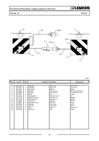 Warntafel mit Beleuchtung / Lighting equipment with boards
HR+HL 7m 670 2012
12.03
Pos. Art.-Nr. Stk. Artikeltext / Description
86
Abmessung
1 321 5012 1 Aufsteckteil Plug-on unit RE HR11027
2 321 5013 1 Aufsteckteil Plug-on unit LI HL11027
3 321 9917 2 Rückstrahler Reflector 6200K
4 321 9934 1 Warntafel Warning board RE 423x423 DIN11030
5 321 9935 1 Warntafel Warning board LI 423x423 DIN11030
6 373 2121 2 Stecker Plug 7-polig
7 373 2140 1 Kupplungsdose Connector socket 72.
8 373 3130 1 Rückleuchte rechts Rear light, RH BBS95R
9 373 3133 1 Rückleuchte links Rear light, LH BBS95L
10 373 3526 2 Lichtscheibe Light glas RE E95
11 373 3801 2 Schutzhaube hinten Rear cover SH95
12 373 4136 2 Kabel gelb Cable, yellow 4x0,75
13 373 4137 2 Kabel grün Cable, green 4x0,75
14 373 4140 7 Kabel Cable 6x0,75 S/W
15 373 2124 2 Stecker Alu Plug 7-polig
 