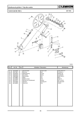 Scheibensech gefedert / Trip disc-coulter
X140-X160 RE 500 G 657 7818
12.03
Pos. Art.-Nr. Stk. Artikeltext / Description
88
Abmessung
27 323 6345 1 Schmiernippel Grease nipple LAM 6 DIN71412
28 323 7641 1 Dichtung Seal D120/65x1,6
29 323 8032 2 Wellendichtring Oil seal 40x55x7 BA
30 329 8443 1 Druckfeder Spring 10,5x38x460
31 349 0029 1 Sechscheibe Disc D500/100x5 G
32 447 8882 1 Nabe Hub 668 A
33 457 8452 1 Zapfen konisch Pivot D38x176
34 457 9151 1 Konsole zum Scheibensech Bracket GEF 140-160
35 457 9350 1 Secharm Swinging arm RE-D63,5x335
36 457 9870 1 Sperrstück Stop D38x30
 