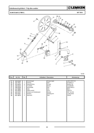 Scheibensech gefedert / Trip disc-coulter
X140-X160 LI 500 G 657 7819
12.03
Pos. Art.-Nr. Stk. Artikeltext / Description
90
Abmessung
27 323 6345 1 Schmiernippel Grease nipple LAM 6 DIN71412
28 323 7641 1 Dichtung Seal D120/65x1,6
29 323 8032 2 Wellendichtring Oil seal 40x55x7 BA
30 329 8443 1 Druckfeder Spring 10,5x38x460
31 349 0029 1 Sechscheibe Disc D500/100x5 G
32 447 8882 1 Nabe Hub 668 A
33 457 8452 1 Zapfen konisch Pivot D38x176
34 457 9151 1 Konsole zum Scheibensech Bracket GEF 140-160
35 457 9351 1 Secharm Swinging arm LI-D63,5x335
36 457 9870 1 Sperrstück Stop D38x30
 
