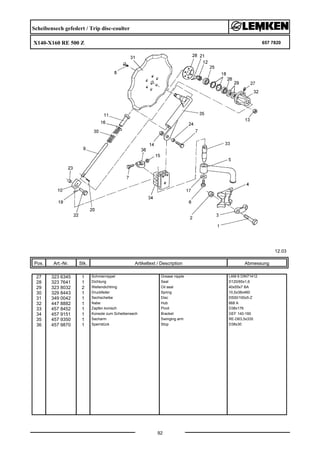 Scheibensech gefedert / Trip disc-coulter
X140-X160 RE 500 Z 657 7820
12.03
Pos. Art.-Nr. Stk. Artikeltext / Description
92
Abmessung
27 323 6345 1 Schmiernippel Grease nipple LAM 6 DIN71412
28 323 7641 1 Dichtung Seal D120/65x1,6
29 323 8032 2 Wellendichtring Oil seal 40x55x7 BA
30 329 8443 1 Druckfeder Spring 10,5x38x460
31 349 0042 1 Sechscheibe Disc D500/100x5-Z
32 447 8882 1 Nabe Hub 668 A
33 457 8452 1 Zapfen konisch Pivot D38x176
34 457 9151 1 Konsole zum Scheibensech Bracket GEF 140-160
35 457 9350 1 Secharm Swinging arm RE-D63,5x335
36 457 9870 1 Sperrstück Stop D38x30
 