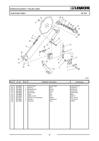 Scheibensech gefedert / Trip disc-coulter
X140-X160 LI 500 Z 657 7821
12.03
Pos. Art.-Nr. Stk. Artikeltext / Description
94
Abmessung
27 323 6345 1 Schmiernippel Grease nipple LAM 6 DIN71412
28 323 7641 1 Dichtung Seal D120/65x1,6
29 323 8032 2 Wellendichtring Oil seal 40x55x7 BA
30 329 8443 1 Druckfeder Spring 10,5x38x460
31 349 0042 1 Sechscheibe Disc D500/100x5-Z
32 447 8882 1 Nabe Hub 668 A
33 457 8452 1 Zapfen konisch Pivot D38x176
34 457 9151 1 Konsole zum Scheibensech Bracket GEF 140-160
35 457 9351 1 Secharm Swinging arm LI-D63,5x335
36 457 9870 1 Sperrstück Stop D38x30
 