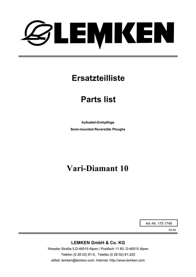 Lemken varidiamant 10 parts catalog