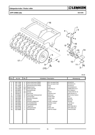Zahnpackerwalze / Packer roller
ZPW D500-3,0m 622 6345
05.04
Pos. Art.-Nr. Stk. Artikeltext / Description
16
Abmessung
1 301 1700 2 Flachrundschraube DIN603 Bolt, cup square head M10x20-8.8
2 301 1706 2 Flachrundschraube DIN603 Bolt, cup square head M10x30-8.8 Zn
3 301 3348 8 Sechskantschraube DIN933 Screw M12x40-8.8
4 301 7788 24 Bügelschraube U-bolt M12/43/94/8.8 Zn
5 303 0934 56 Sicherungsmutter Selflocking nut DIN985-NM12-8 Zn
6 303 0970 2 Sechskantmutter Nut M10 DIN934-8
7 305 6136 48 Scheibe Washer 13/25x3 DIN1441-St
8 309 6072 2 Spannhülse Expansion bush 8x40-DIN1481 Zn
9 319 9365 2 Flanschlager-Gehäuseeinheit Bearing cpl. RCJ 35 35x118x39,9
10 323 6360 2 Schmiernippel Grease nipple R1/8
11 349 2000 1 Abstreifer-Stützplatte Scraper plate 90x3x85
12 349 2001 1 Abstreifer Scraper 90x3x130
13 349 2002 1 Abstreifer aufgepanzert Scraper, hardfaced 90x3x85
14 349 2003 1 Kunststoffabstreifer Synthetic scraper 110x120x12
15 349 2004 1 Hartmetallabstreifer Scraper 90x5x94
16 422 6345 1 Tragrahmen Frame ZPW D500-300 A
17 423 2136 1 Zahnpackerwalze Packer roller ZPW D500-3,0m
18 423 5905 1 Abstreiferhalter Carier for scraper 70x5x375-D500
 