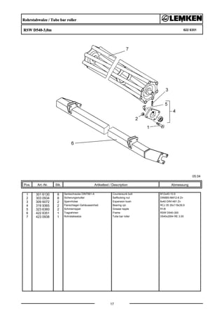Rohrstabwalze / Tube bar roller
RSW D540-3,0m 622 6351
05.04
Pos. Art.-Nr. Stk. Artikeltext / Description
17
Abmessung
1 301 6130 8 Senkschraube DIN7991-A Countersunk bolt M12x40-10.9
2 303 0934 8 Sicherungsmutter Selflocking nut DIN985-NM12-8 Zn
3 309 6072 2 Spannhülse Expansion bush 8x40-DIN1481 Zn
4 319 9365 2 Flanschlager-Gehäuseeinheit Bearing cpl. RCJ 35 35x118x39,9
5 323 6360 2 Schmiernippel Grease nipple R1/8
6 422 6351 1 Tragrahmen Frame RSW D540-300
7 423 0938 1 Rohrstabwalze Tube bar roller D540x2954 RE 3.00
 