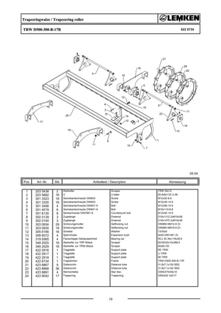 Trapezringwalze / Trapezering roller
TRW D500-300-B-17R 622 6734
05.04
Pos. Art.-Nr. Stk. Artikeltext / Description
19
Abmessung
1 203 5438 2 Abstreifer Scraper TRW 35x12
2 203 5682 16 U U-steel 60,8x6x132 U-36
3 301 3323 16 Sechskantschraube DIN933 Screw M12x30-8.8
4 301 3335 16 Sechskantschraube DIN933 Screw M12x35-10.9
5 301 3456 4 Sechskantschraube DIN931-A Bolt M12x90-10.9
6 301 4019 6 Sechskantschraube DIN931-A Bolt M16x110-8.8
7 301 6130 8 Senkschraube DIN7991-A Countersunk bolt M12x40-10.9
8 302 0139 3 Zugstange Drawrod D16x1312 2xM16x38
9 302 0140 3 Zugstange Drawrod D16x1470 2xM16x38
10 303 0934 29 Sicherungsmutter Selflocking nut DIN985-NM12-8 Zn
11 303 0935 18 Sicherungsmutter Selflocking nut DIN985-NM16-8 Zn
12 305 6166 16 Scheibe Washer 13/35x5
13 309 6072 4 Spannhülse Expansion bush 8x40-DIN1481 Zn
14 319 9365 4 Flanschlager-Gehäuseeinheit Bearing cpl. RCJ 35 35x118x39,9
15 349 2025 16 Abstreifer zur TRP-Walze Scraper 60/35/32x10x388,5
16 349 2029 16 Abstreifer zur TRW-Walze Scraper 60x6x130
17 422 2916 1 Tragplatte Support plate RE TRW
18 422 2917 1 Tragplatte Support plate LI TRW
19 422 2918 1 Tragplatte Support plate MI TRW
20 422 6734 1 Tragrahmen Frame TRW D500-300-B-17R
21 423 8867 9 Distanzrohr Distance tube 31,8x7,1x124 St52
22 423 8868 36 Distanzrohr Distance tube 31,8x7,1x140 St52
23 423 8891 4 Sternscheibe Star disc D305/275/35x16
24 423 9042 17 Trapezring Trapezring D500x52 3xD17
 
