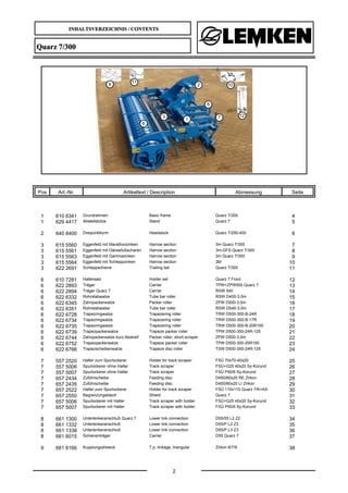 INHALTSVERZEICHNIS / CONTENTS
2
Quarz 7/300
Pos Art.-Nr. Artikeltext / Description Abmessung Seite
1 610 6341 Grundrahmen Basic frame Quarz 7/300 4
1 629 4417 Abstellstütze Stand Quarz 7 5
2 640 8400 Dreipunktturm Headstock Quarz 7/250-400 6
3 615 5560 Eggenfeld mit Marathonzinken Harrow section 3m Quarz 7/300 7
3 615 5561 Eggenfeld mit Gänsefußscharen Harrow section 3m-GFS Quarz 7/300 8
3 615 5563 Eggenfeld mit Gammazinken Harrow section 3m Quarz 7/300 9
3 615 5564 Eggenfeld mit Schleppzinken Harrow section 3M 10
3 622 2691 Schleppschiene Trailing bar Quarz 7/300 11
6 610 7281 Haltersatz Holder set Quarz 7 Front 12
6 622 2893 Träger Carrier TPW+ZPW500 Quarz 7 13
6 622 2894 Träger Quarz 7 Carrier RSW 540 14
6 622 6332 Rohrstabwalze Tube bar roller RSW D400-3,0m 15
6 622 6345 Zahnpackerwalze Packer roller ZPW D500-3,0m 16
6 622 6351 Rohrstabwalze Tube bar roller RSW D540-3,0m 17
6 622 6728 Trapezringwalze Trapezering roller TRW D500-300-B-24R 18
6 622 6734 Trapezringwalze Trapezering roller TRW D500-300-B-17R 19
6 622 6735 Trapezringwalze Trapezering roller TRW D500-300-B-20R150 20
6 622 6739 Trapezpackerwalze Trapeze packer roller TPW D500-300-24R-125 21
6 622 6744 Zahnpackerwalze kurz.Abstreif. Packer roller, short scraper ZPW D500-3,0m 22
6 622 6752 Trapezpackerwalze Trapeze packer roller TPW D500-300-20R150 23
6 622 6766 Trapezscheibenwalze Trapeze disc roller TSW D500-300-24R-125 24
7 557 2520 Halter zum Spurlockerer Holder for track scraper FSÜ 70x70-40x20 25
7 557 5006 Spurlockerer ohne Halter Track scraper FSÜ+G25 40x20 Sy-Korund 26
7 557 5007 Spurlockerer ohne Halter Track scraper FSÜ P50/6 Sy-Korund 27
7 657 2434 Zuführscheibe Feeding disc D450/60x20 RE Zirkon 28
7 657 2435 Zuführscheibe Feeding disc D450/60x20 LI Zirkon 29
7 657 2522 Halter zum Spurlockerer Holder for track scraper FSÜ 110x110 Quarz 7/K+KA 30
7 657 2550 Begrenzungsblech Shield Quarz 7 31
7 657 5006 Spurlockerer mit Halter Track scraper with holder FSÜ+G25 40x20 Sy-Korund 32
7 657 5007 Spurlockerer mit Halter Track scraper with holder FSÜ P50/6 Sy-Korund 33
8 661 1300 Unterlenkeranschluß Quarz 7 Lower link connection D55/55 L2 Z2 34
8 661 1332 Unterlenkeranschluß Lower link connection D55/P L2 Z3 35
8 661 1338 Unterlenkeranschluß Lower link connection D55/P L3 Z3 36
8 661 6015 Schienenträger Carrier D55 Quarz 7 37
9 661 6166 Kupplungsdreieck T.p.-linkage, triangular Zirkon 6/7/9 38
 