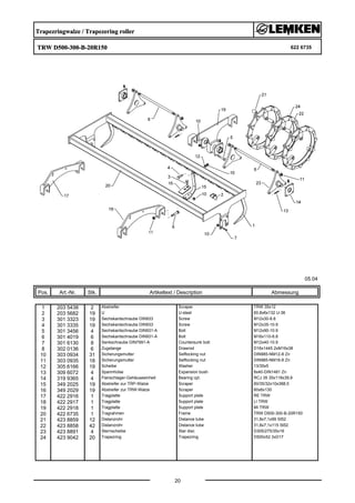 Trapezringwalze / Trapezering roller
TRW D500-300-B-20R150 622 6735
05.04
Pos. Art.-Nr. Stk. Artikeltext / Description
20
Abmessung
1 203 5438 2 Abstreifer Scraper TRW 35x12
2 203 5682 19 U U-steel 60,8x6x132 U-36
3 301 3323 19 Sechskantschraube DIN933 Screw M12x30-8.8
4 301 3335 19 Sechskantschraube DIN933 Screw M12x35-10.9
5 301 3456 4 Sechskantschraube DIN931-A Bolt M12x90-10.9
6 301 4019 6 Sechskantschraube DIN931-A Bolt M16x110-8.8
7 301 6130 8 Senkschraube DIN7991-A Countersunk bolt M12x40-10.9
8 302 0136 6 Zugstange Drawrod D16x1445 2xM16x38
10 303 0934 31 Sicherungsmutter Selflocking nut DIN985-NM12-8 Zn
11 303 0935 18 Sicherungsmutter Selflocking nut DIN985-NM16-8 Zn
12 305 6166 19 Scheibe Washer 13/35x5
13 309 6072 4 Spannhülse Expansion bush 8x40-DIN1481 Zn
14 319 9365 4 Flanschlager-Gehäuseeinheit Bearing cpl. RCJ 35 35x118x39,9
15 349 2025 19 Abstreifer zur TRP-Walze Scraper 60/35/32x10x388,5
16 349 2029 19 Abstreifer zur TRW-Walze Scraper 60x6x130
17 422 2916 1 Tragplatte Support plate RE TRW
18 422 2917 1 Tragplatte Support plate LI TRW
19 422 2918 1 Tragplatte Support plate MI TRW
20 422 6735 1 Tragrahmen Frame TRW D500-300-B-20R150
21 423 8859 12 Distanzrohr Distance tube 31,8x7,1x99 St52
22 423 8858 42 Distanzrohr Distance tube 31,8x7,1x115 St52
23 423 8891 4 Sternscheibe Star disc D305/275/35x16
24 423 9042 20 Trapezring Trapezring D500x52 3xD17
 