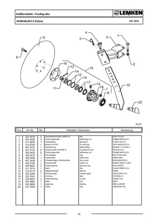 Zuführscheibe / Feeding disc
D450/60x20 LI Zirkon 657 2435
05.04
Pos. Art.-Nr. Stk. Artikeltext / Description
29
Abmessung
1 301 4019 2 Sechskantschraube DIN931-A Bolt M16x110-8.8
2 303 0935 2 Sicherungsmutter Selflocking nut DIN985-NM16-8 Zn
3 311 8605 1 Federstecker Spring pin 5 DIN11024 Zn
4 313 8140 1 Bolzen mit Griff Pin with grip GB D16x50,8/70 Zn
5 457 2437 1 Halmführung Stalk guiding 60x60x7,1 21,5/62 LI
6 301 6123 6 Senkschraube DIN7991-A Countersunk bolt M10x30-10.9
7 303 0933 6 Sicherungsmutter Selflocking nut DIN985-NM10-8 Zn
8 323 0410 1 Schutzkappe Cap D81/77/40x18x2
9 349 0458 1 Hohlscheibe Hollow disc D450/100x5
10 457 2439 1 Scheibenträger Zuführscheibe Disc carrier 60x20x504 D50 Li
11 303 0193 1 Kronenmutter Castle nut DIN937-M24x1,5-22H
12 305 8924 2 Sicherungsring Securing ring 62x2 DIN472
13 311 7613 1 Splint Peg 3,2x40 DIN94-St Zn
14 319 9116 2 Kegelrollenlager Bearing 30206.
15 323 6345 1 Schmiernippel Grease nipple LAM 6 DIN71412
16 323 7641 1 Dichtung Seal D120/65x1,6
17 323 8032 2 Wellendichtring Oil seal 40x55x7 BA
18 447 8882 1 Nabe Hub 668 A
19 547 8883 1 Lagerung Bearing 668A 2x30206
20 215 1636 1 Achse Axle D50/40/30x128
 
