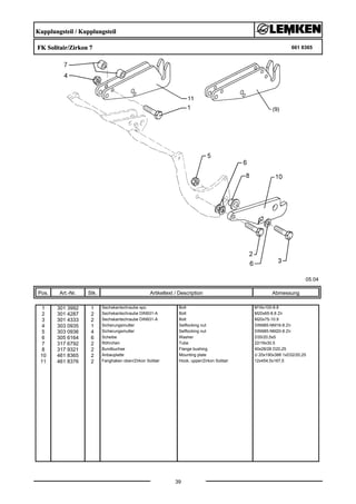 Kupplungsteil / Kupplungsteil
FK Solitair/Zirkon 7 661 8365
05.04
Pos. Art.-Nr. Stk. Artikeltext / Description
39
Abmessung
1 301 3992 1 Sechskantschraube spz. Bolt M16x100-8.8
2 301 4287 2 Sechskantschraube DIN931-A Bolt M20x65-8.8 Zn
3 301 4333 2 Sechskantschraube DIN931-A Bolt M20x75-10.9
4 303 0935 1 Sicherungsmutter Selflocking nut DIN985-NM16-8 Zn
5 303 0936 4 Sicherungsmutter Selflocking nut DIN985-NM20-8 Zn
6 305 6164 6 Scheibe Washer D35/20,5x5
7 317 6792 2 Röhrchen Tube 22/16x30,5
8 317 9321 2 Bundbuchse Flange bushing 40x28/28 D20,25
10 461 8365 2 Anbauplatte Mounting plate U 20x190x388 1xD32/20,25
11 461 8376 2 Fanghaken oben/Zirkon Solitair Hook, upper/Zirkon Solitair 12x454,5x167,5
 