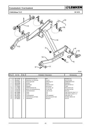 Frontanbaubock / Front headstock
FAB-Zirkon 7-LT 661 8470
05.04
Pos. Art.-Nr. Stk. Artikeltext / Description
43
Abmessung
1 301 3779 4 Sechskantschraube spz. Bolt M16x60-10.9
2 302 8571 1 Oberlenker mit Griffmutter Top link KAT2 670-900
3 303 0935 4 Sicherungsmutter Selflocking nut DIN985-NM16-8 Zn
4 305 6259 2 Scheibe Washer D45/29x12
5 309 6072 2 Spannhülse Expansion bush 8x40-DIN1481 Zn
6 311 9302 2 Klappstift Securing pin 12x60
10 313 7880 3 Oberlenkerbolzen kpl. Top link pin, cpl. KAT2 D25,4x140
11 313 8105 2 Bolzen mit Verdrehsicherung Pin with stop LB D20/31x47/60
12 313 8230 2 Unterlenkerbolzen Lower link pin KAT2 Zn
13 461 8466 1 Lenker Link FAB 70x22 RE Zirkon 7-LT
14 461 8467 1 Lenker Link FAB 70x22 LI Zirkon 7-LT
15 461 8470 1 Frontanbaubock Front headstock FAB Zirkon 7/9
16 305 8560 1 Federsicherung mit Kette Securing clip with chain D3,6/D21-460mm-Zn
17 311 8610 1 Federstecker Spring pin D3,6 Zn
 